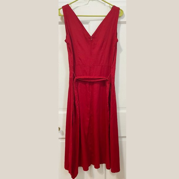 Red Midi Dress Summer Cotton Long Sleeveless V Neck Vtg Europe Zip Tie Bow US 10 - Picture 4 of 8